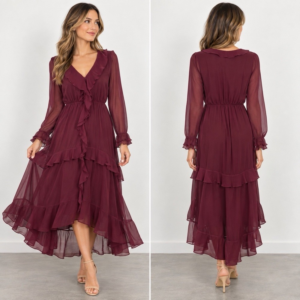 autres filles dress ruffle burgundy EUC medium lined Faux Wrap Midi